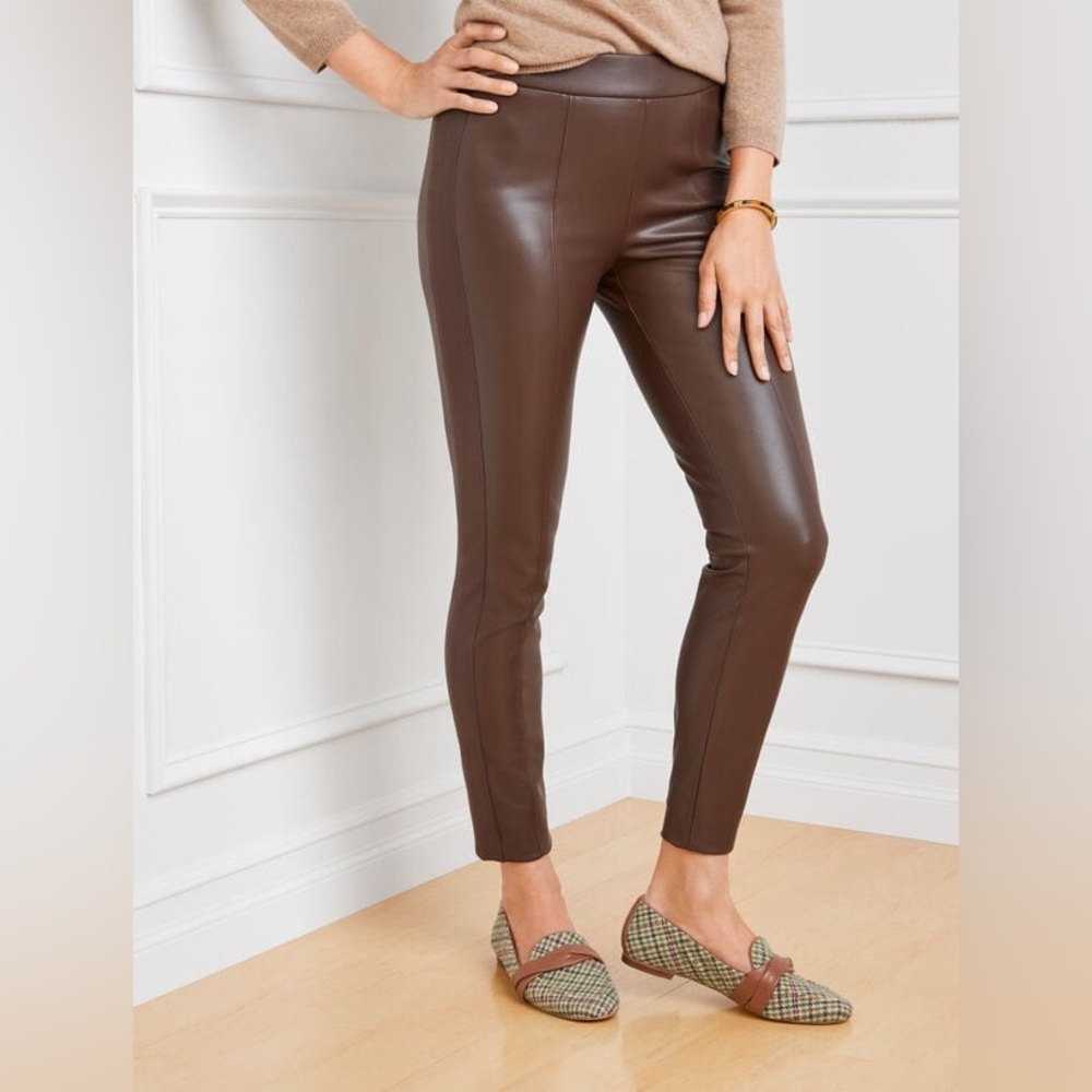Talbots Portland Pant Womens 14 Brown Faux Leather Side Zip Leggings Tapered Leg